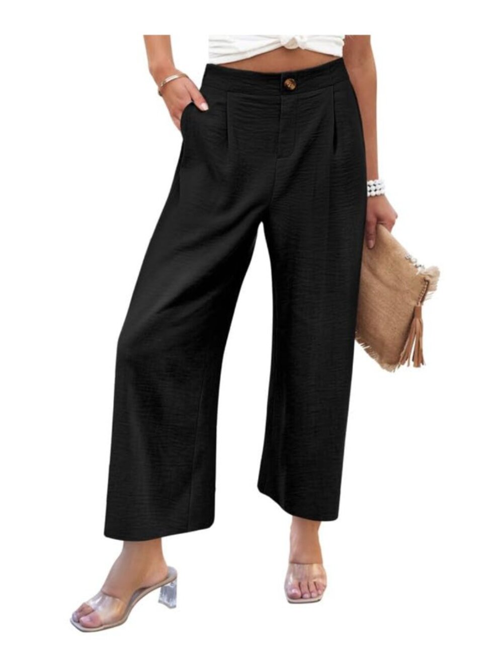 Wide Leg High Waist Casual Pants with Pockets Pleated Front Stretchy Lounge